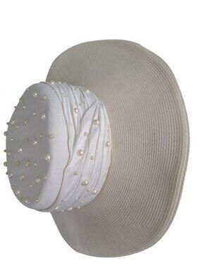 Whittall & Shon Kentucky Derby Hat White Wide-Brim Church Pearl Accents Formal